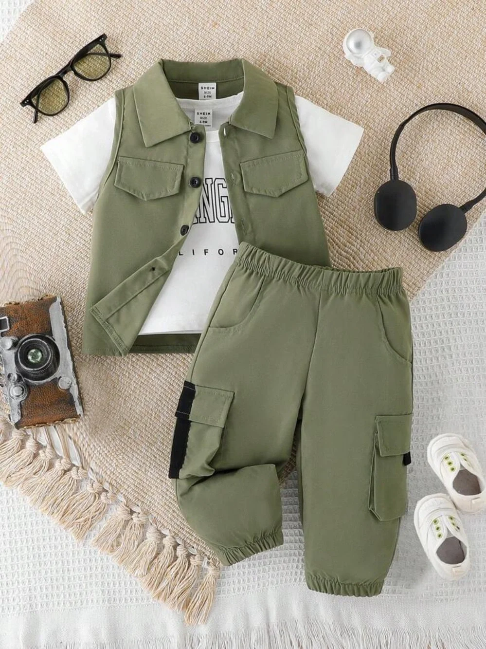 SHEIN Boys Sporty Workwear 2 Piece Set In Olive Green Size 12-18 Months